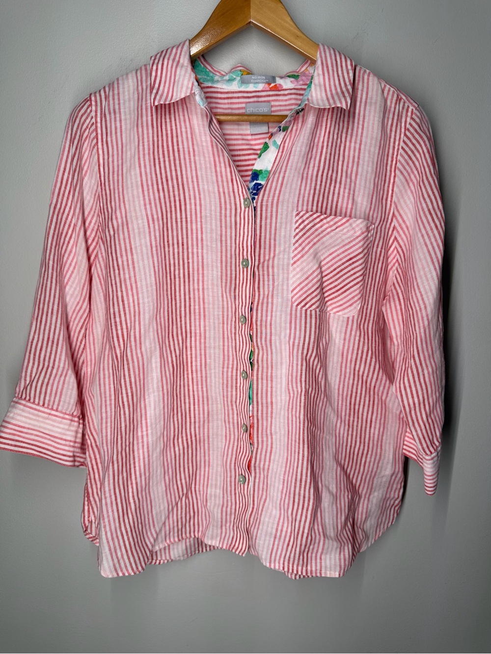 Chico’s 100% Linen Pink Stripe Coastal Beach Resort Button Up Shirt Vacation